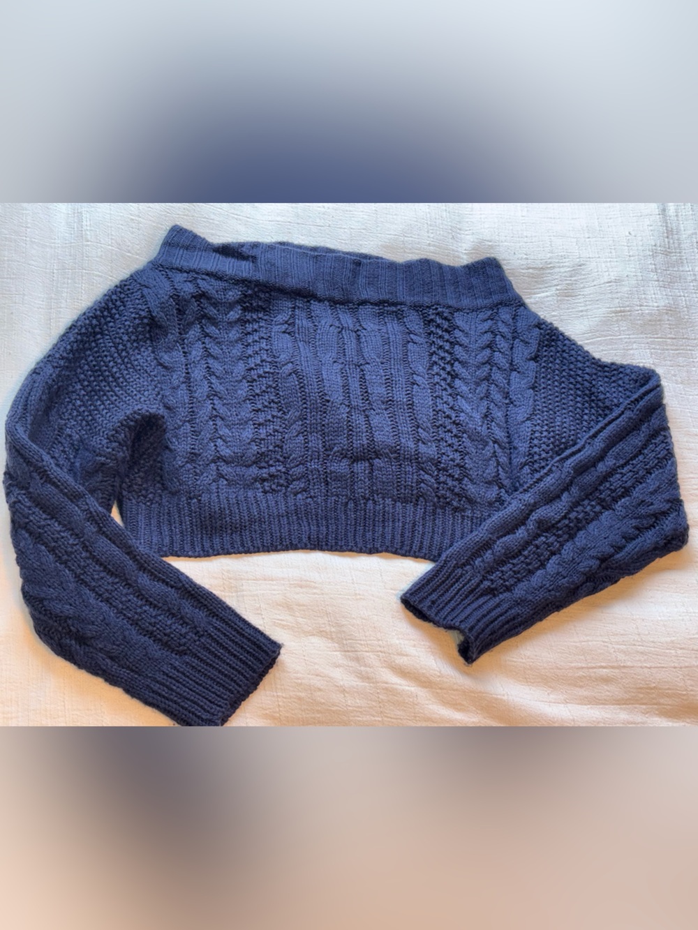 Cropped Cable-Knit Crewneck Sweater in Navy